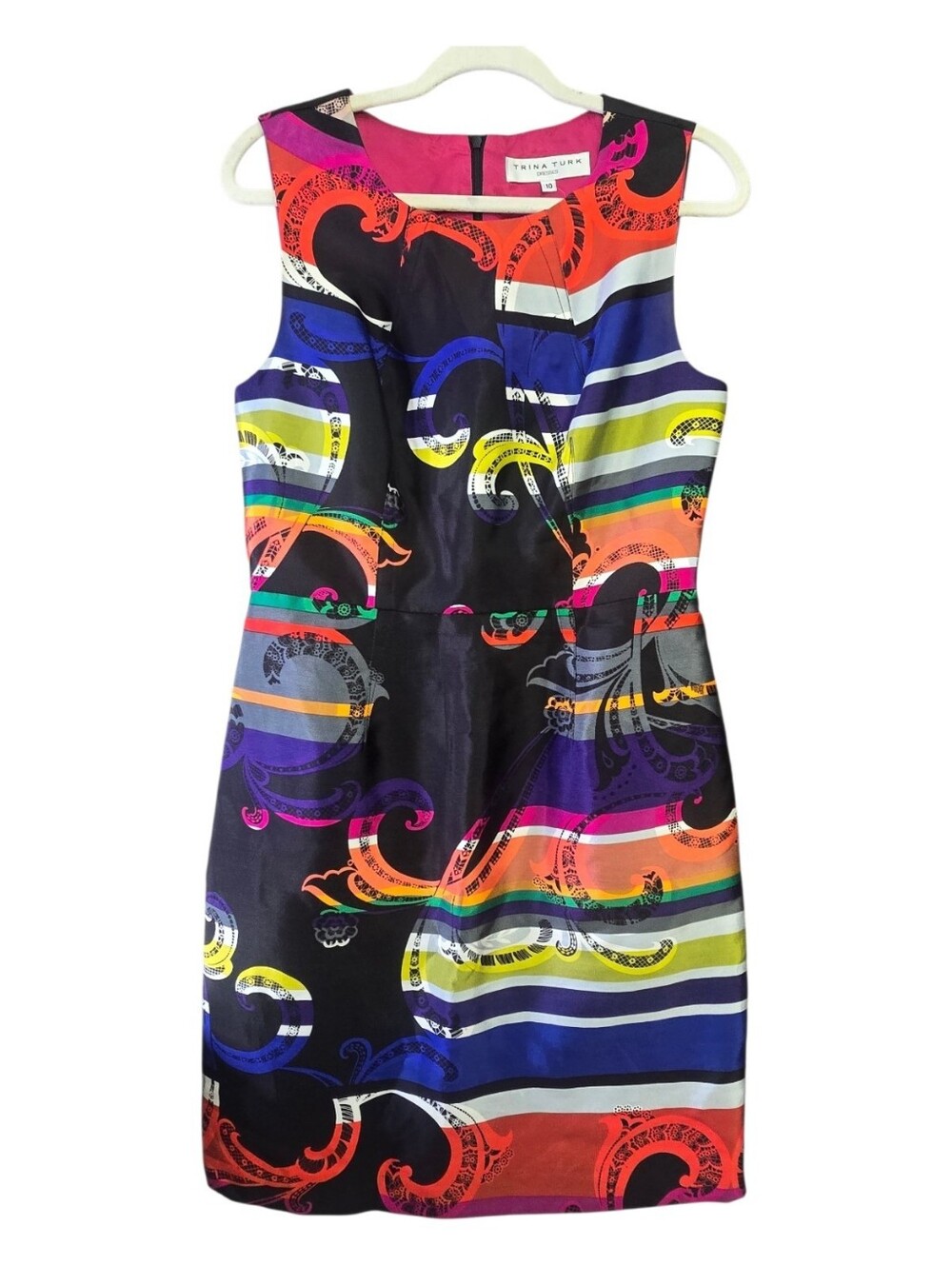 Trina Turk Sleeveless Multicolor Stripe & Swirl Shift Dress, Size 10 - Picture 2 of 5